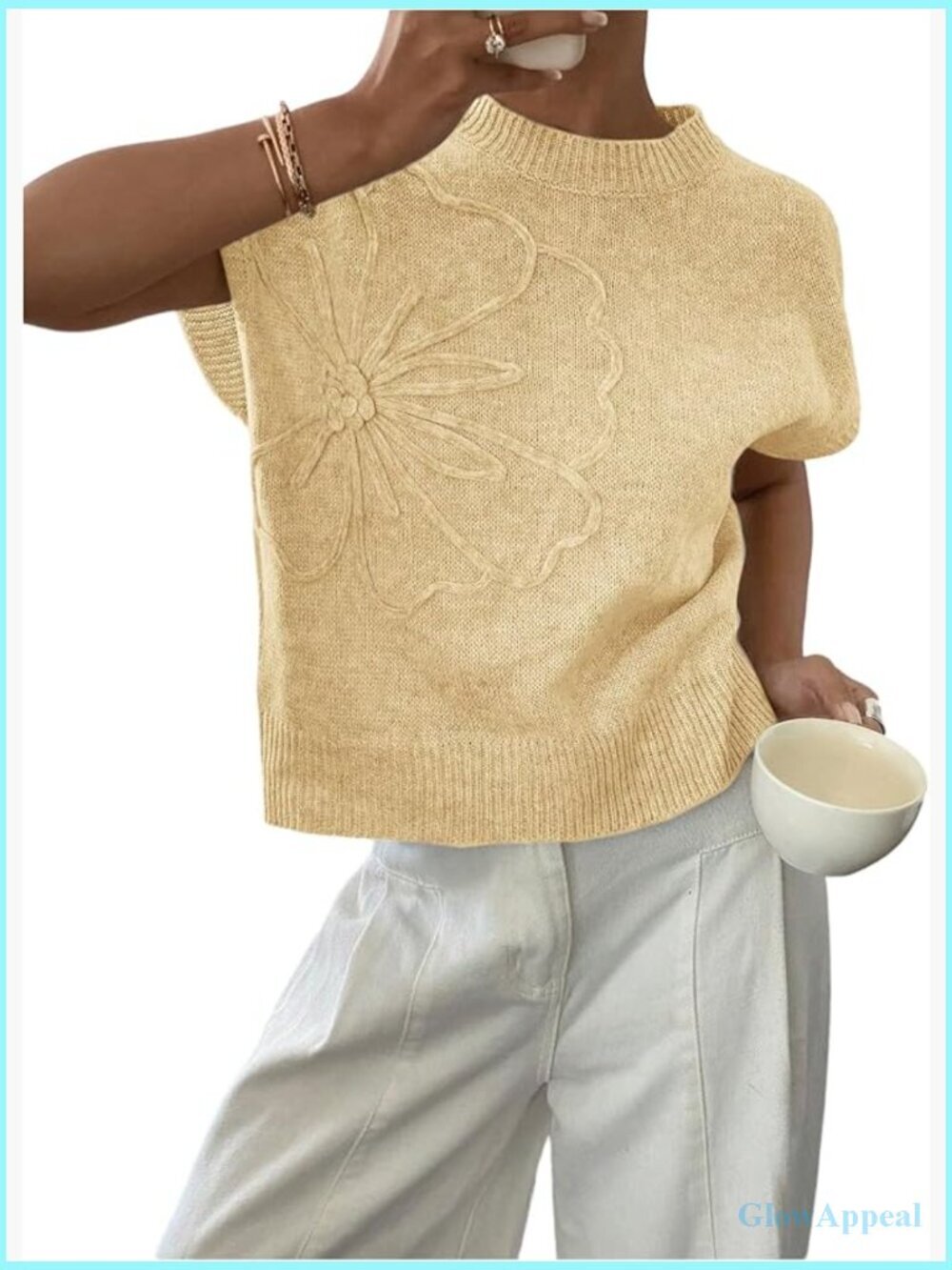 Short Sleeve Sweater 3D Floral Pullover Knit Vest Tank Top